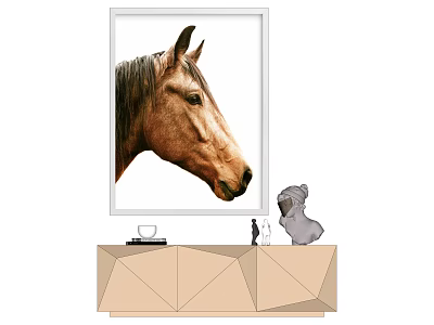 Animal Painting of Horse Head with Elegant Frame on Modern Cabinet with Dog Figurine 3d model