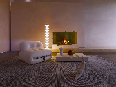 Modern Living Room Interior With White Single Sofa Floor Lamp Coffee Table And Fireplace 3d model