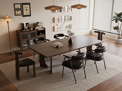 Modern Interior Dining Table Set With Wooden Top Black Chairs And Area Rug 3d model