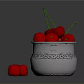 Fresh Ripe Red Cherries in Silver Decorative Container with Scattered Ones