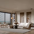 Modern Living Room Interior With Floor to Ceiling Windows Blinds White Sofa And Wooden Elements
