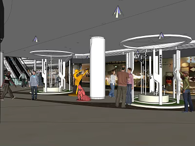 Shopping Mall Lobby Interior With Escalators White Columns And Circular Display Areas 3d model