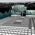 Fashion Show Runway Venue With White Stage Green Wave Backdrop And Audience Seats