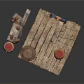 Rustic Wooden Platform Scene With Crates Clay Jars And Wire Mesh Basket