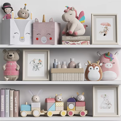 Cute Decorative Ornament Set With Unicorn Bear Deer Rabbit Figurines Frames And Storage Boxes 3d model