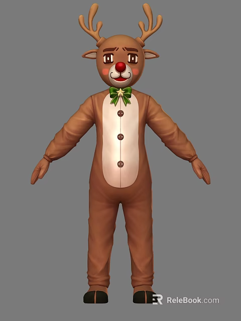 Man In Brown Onesie With White Belly Three Buttons Green Bow Tie Bear Head Smile 3d model 