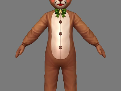 Man In Brown Onesie With White Belly Three Buttons Green Bow Tie Bear Head Smile 3d model