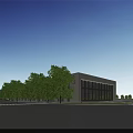 Modern Industrial Factory Building With Large Windows Surrounding Greenery And Parking Area