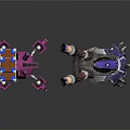 Two Colorful Robots With Pink Purple Mechanical Structure And Spiked Wheels