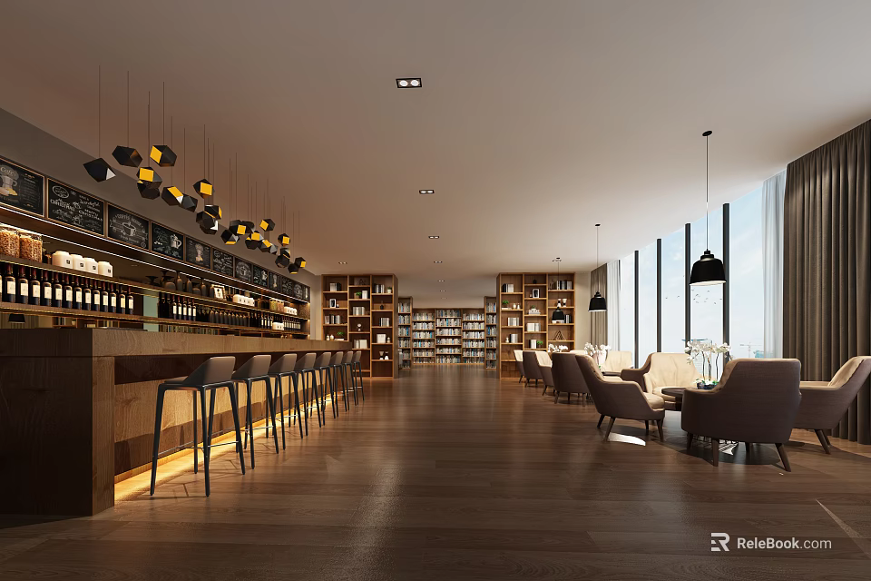 Cozy Café Interior With Bar Counter High Stools Bookshelves Sofa Chairs And Wooden Flooring 3d model 