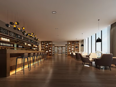 Cozy Café Interior With Bar Counter High Stools Bookshelves Sofa Chairs And Wooden Flooring 3d model