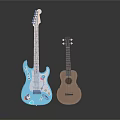 Musical Instruments and Art Supplies Featuring Blue Electric Guitar Brown Ukulele and Artistic Decorative Elements