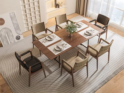 Modern Dining Table Set With Wooden Top Six Chairs And Green Plant Centerpiece 3d model