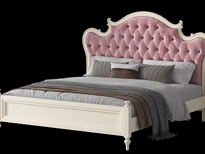 Double Bed With Pink Tufted Velvet Headboard White Frame Gray Brown Pillows And Blanket 3d model