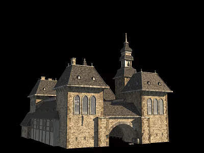 Ancient Historic Stone Building Featuring Spires Arched Gate Gabled Roofs And Arched Windows 3d model