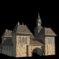 Ancient Historic Stone Building Featuring Spires Arched Gate Gabled Roofs And Arched Windows