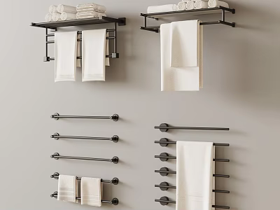 Black Wall Mounted Bathroom Towel Racks With Hanging Towels And Storage Designs 3d model