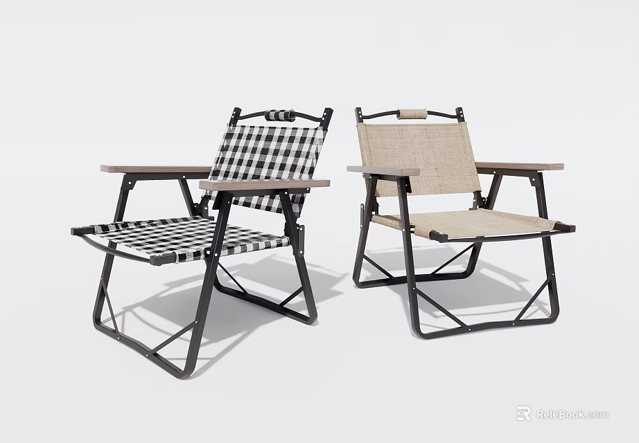 Two Folding Leisure Chairs Featuring Black White Checkered And Beige Fabric With Metal Frame Design 3d model 