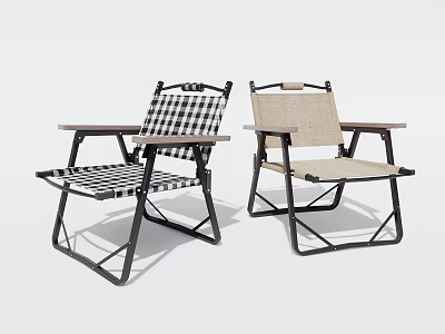 Two Folding Leisure Chairs Featuring Black White Checkered And Beige Fabric With Metal Frame Design 3d model