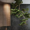 Modern Indoor Garden Decor With Green Pine Plant Wooden Screen Hanging Light And Marble Floor