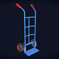 Blue Frame Hand Truck With Red Handles And Red Wheels For Transport
