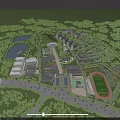 Aerial View of School Buildings With Surrounding Mountains Lake Greenery Sports Field and Roads