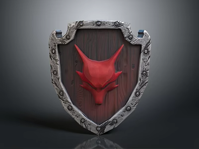 Mythical Shield Weapon Featuring Red Demon Horns Wooden Surface Silver Decorative Edges 3d model