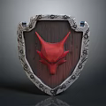 Mythical Shield Weapon Featuring Red Demon Horns Wooden Surface Silver Decorative Edges