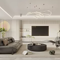 Modern Living Room Interior With Leather Sofa TV Unit Chandelier Plants And Area Rug