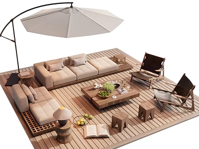 Outdoor Sofa on Wooden Deck with Umbrella Coffee Table Green Plants and Chairs 3d model