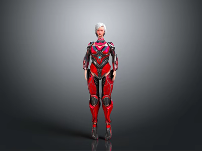 Futuristic 3D Rendered Female Character in Red and Black Mechanical Armor with Detailed Design 3d model