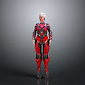 Futuristic 3D Rendered Female Character in Red and Black Mechanical Armor with Detailed Design