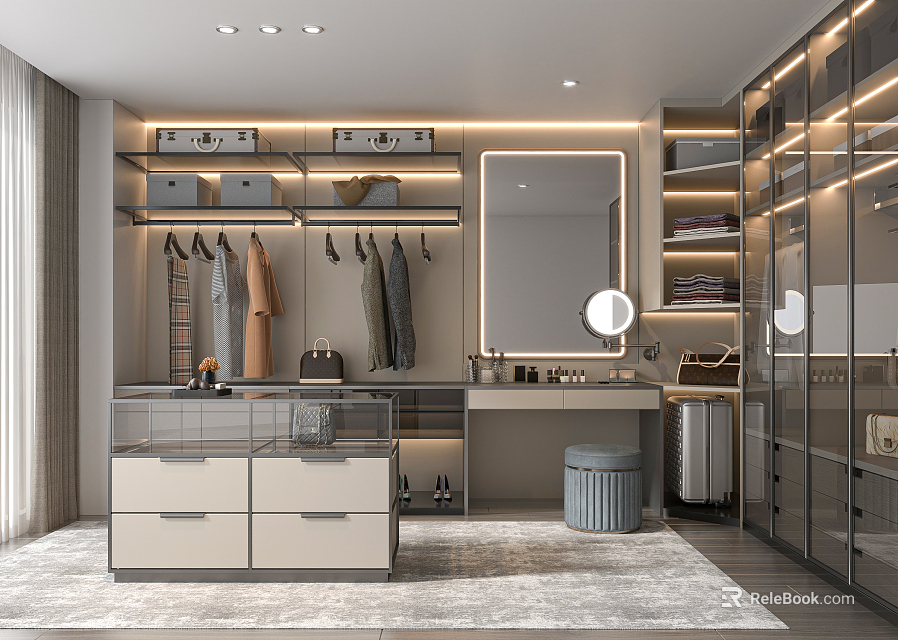 Luxury Walk in Closet Interior Design With Hanging Clothes Mirror And Drawer Cabinet 3d model 