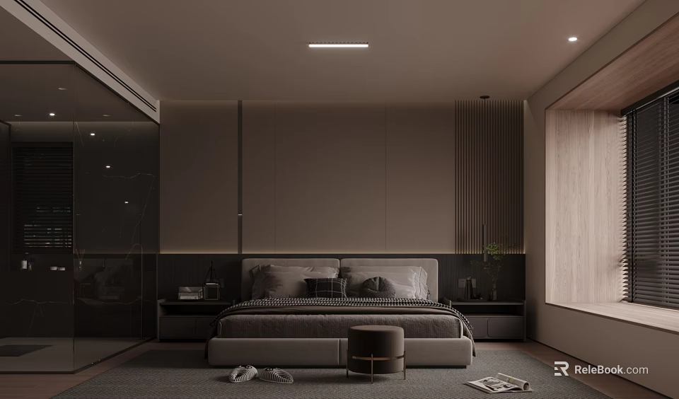 Modern Bedroom Interior Design With Neutral Tones Paneled Headboard Wall Carpet And Stool 3d model 