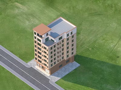 Multi Storey Residential Building With Brown Beige Exterior And Green Lawn Roadside 3d model