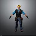Construction Worker In Yellow Hard Hat Blue Shirt And Tool Belt Standing On Gray Background