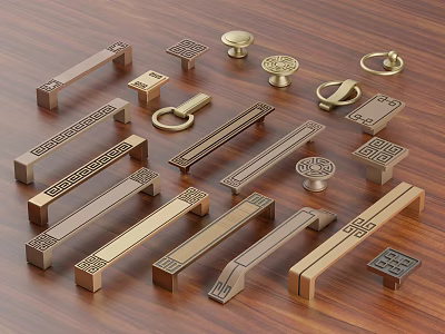 Brass Cabinet Handles Various Designs Drawer Pulls On Wooden Background 3d model