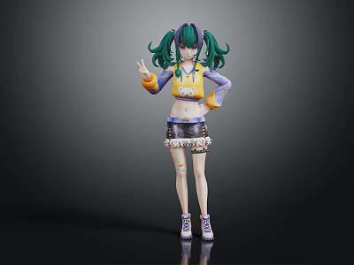 Fashionable Anime Character With Green Purple Pigtails Yellow Purple Top Shorts Sneakers And Arm Stickers 3d model