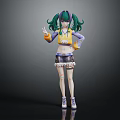 Fashionable Anime Character With Green Purple Pigtails Yellow Purple Top Shorts Sneakers And Arm Stickers