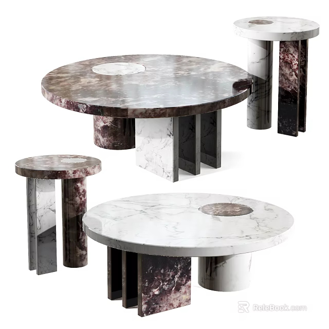 Round Marble Coffee Tables With White And Dark Veined Surface And Modern Geometric Base 3d model 