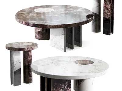 Round Marble Coffee Tables With White And Dark Veined Surface And Modern Geometric Base 3d model