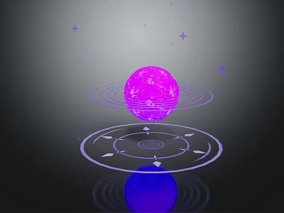 Cartoon Scene Featuring Purple Planet With Rings Compass Arrows Stars And Reflection On Dark Background 3d model