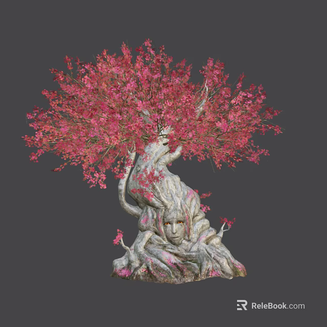 Cartoon Scene Featuring Enchanted Tree With Pink Blossoms And Face Like Trunk 3d model