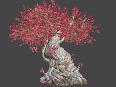 Cartoon Scene Featuring Enchanted Tree With Pink Blossoms And Face Like Trunk 3d model