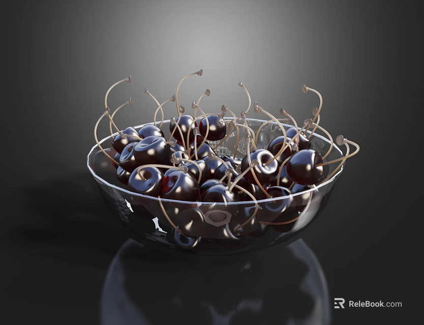 Fresh Juicy Deep Red Cherries with Stems in Shiny Glass Bowl on Black Background 3d model 