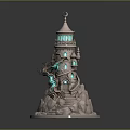 Fantasy Lighthouse Model With Spiral Staircase Glowing Windows Dragon Decoration And Rock Base