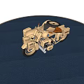 Vintage BMW Motorcycle With Light Colored Body And Side Cases On Black Background Display Platform