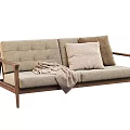 Modern Two-Seater Sofa with Wooden Armrests Plush Pillows and Cozy Throw Blanket