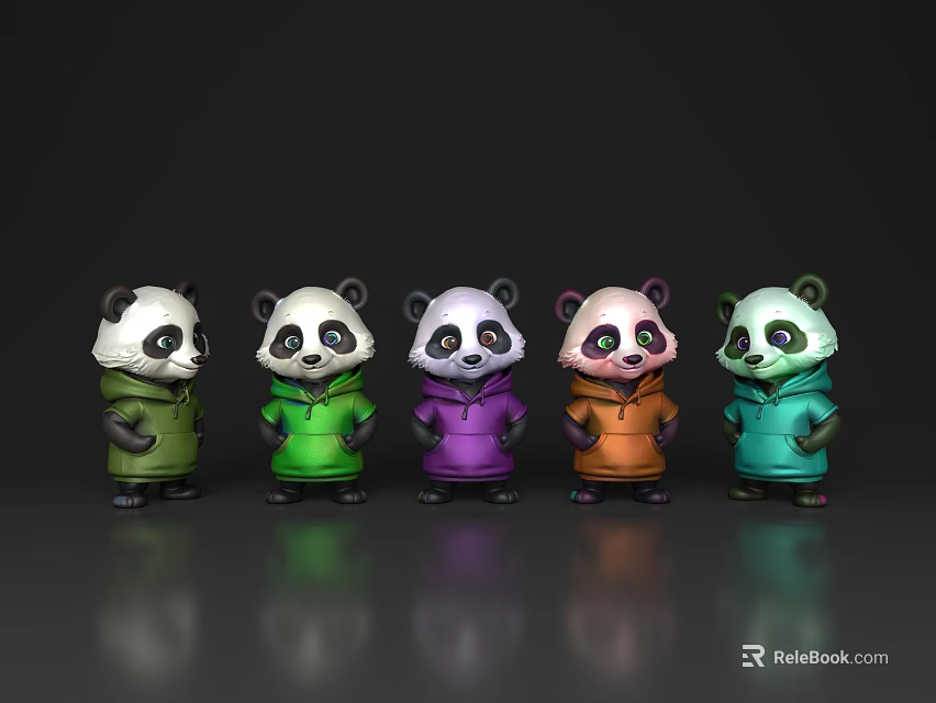 Five Colorful Reptile Plush Figures Standing In Line On Dark Backdrop 3d model 