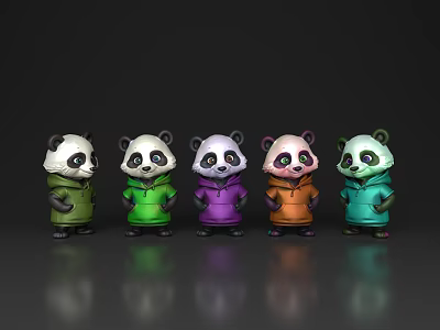 Five Colorful Reptile Plush Figures Standing In Line On Dark Backdrop 3d model